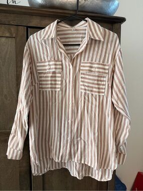 Striped Button-Up Shirt in Khaki and White